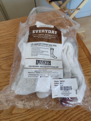 Duluth Trading 5 Pair New In Bag XLG 39121 Mid Weight Everyday Crew Socks White