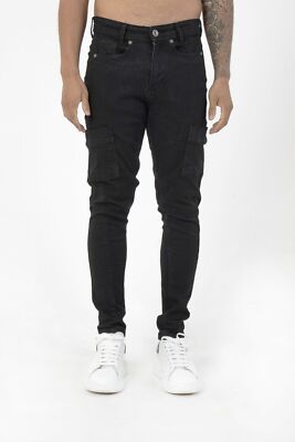 Dnm Lab Chicago Utility Cargo Black Denim Four Pocket Slim Fit Stretch Jeans