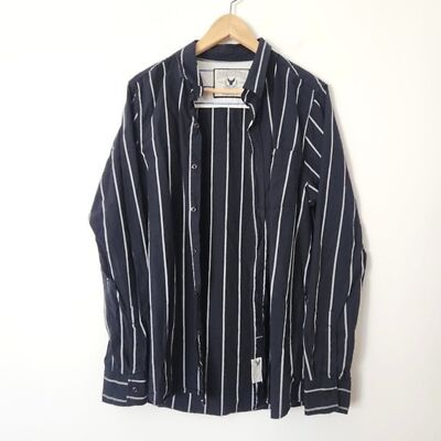Y2K Striped Button Down Shirt Men's Large Navy Blue White Eagle Vtg Company 81