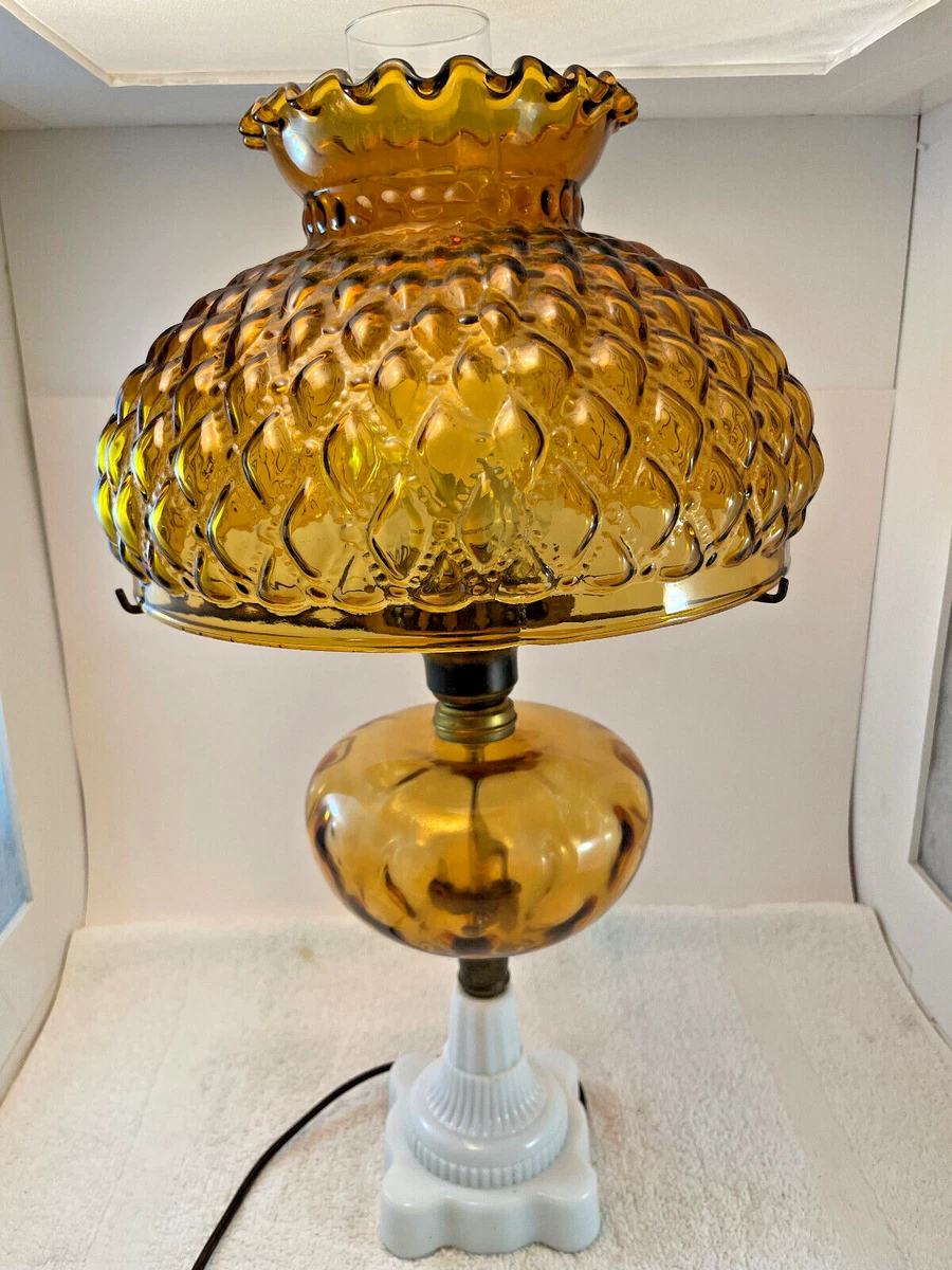 VTG Aladdin Amber Milk Glass Oil Lamp w Amber Quilted Fenton