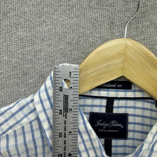 Indigo Palms Shirt Mens Medium Tailored Fit 100% Linen Blue Check Embroidered - Picture 11 of 14