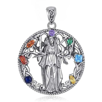 925 Sterling Silver Triple Moon Goddess Necklace with 7 Chakra Zircon Gemstones