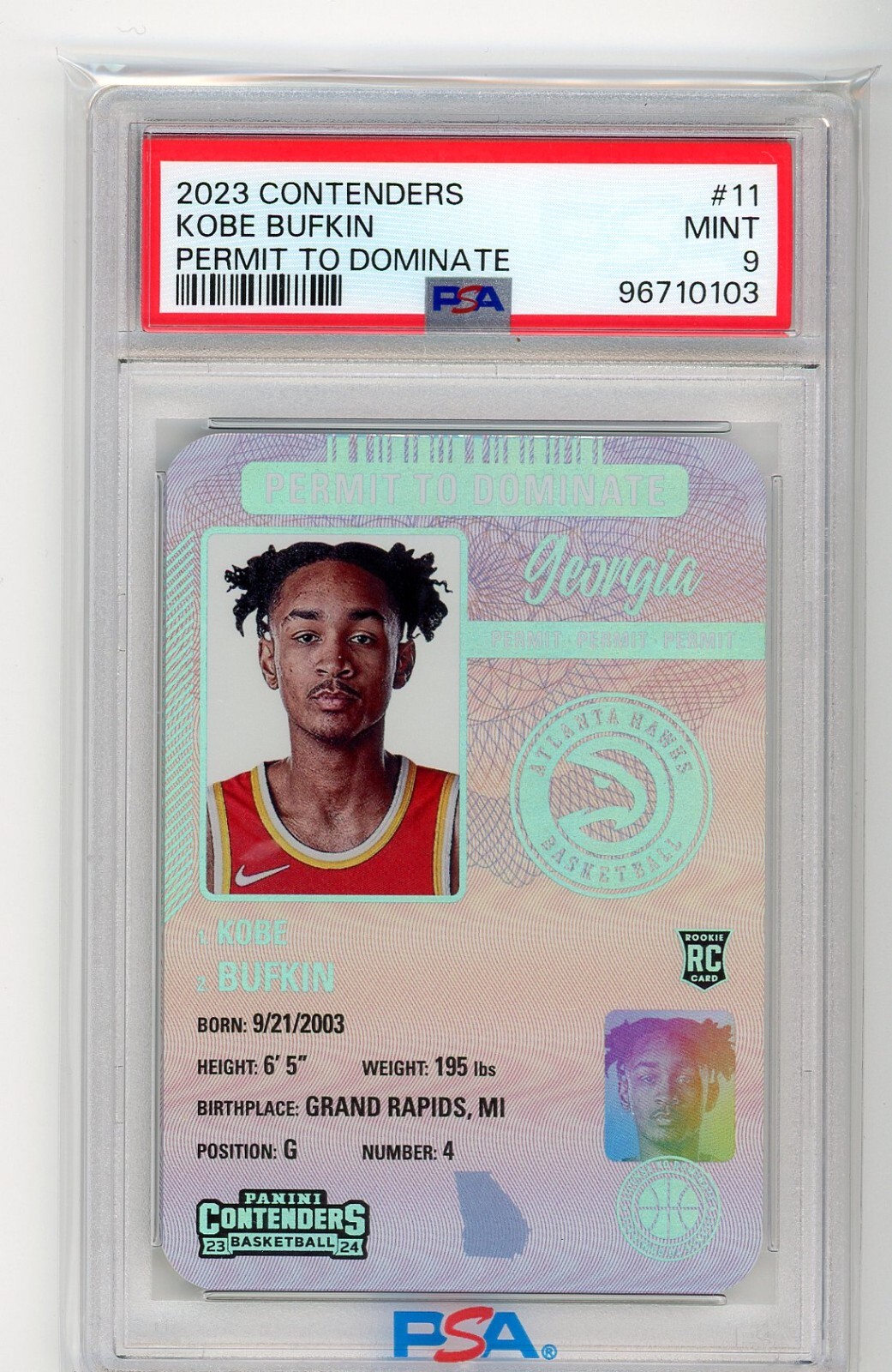 Kobe Bufkin 2023-24 Panini Contenders Permit To Dominate Case Hit PSA 9 Hawks