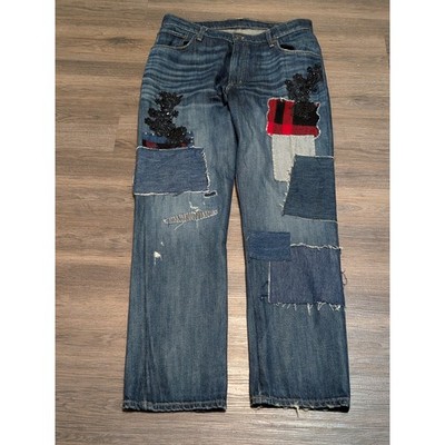 Ralph Lauren Womens Patchwork Denim Jeans Lace Plaid Distressed Size 32x29  READ