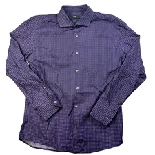 Mens Hugo Boss Long Sleeve Button Up Shirt Geometric Size 43 17 Slim Fit Blue