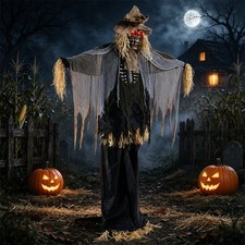 7.3 FT Halloween Animatronic Scarecrow Prop, Sound Activated with Glowing Eyes