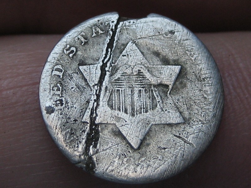 1852 Three 3 Cent Silver Trime- 3CS, About Good Details, Cracked Planchet