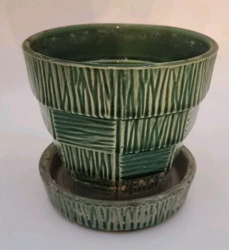 Vintage 1950s McCoy Green Basketweave Planter with Saucer Flower Pot  Nice