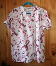 UA SCRUBS Brand Scrub Top Pockets Size: LARGE Pink Ribbon Cancer print FANCY