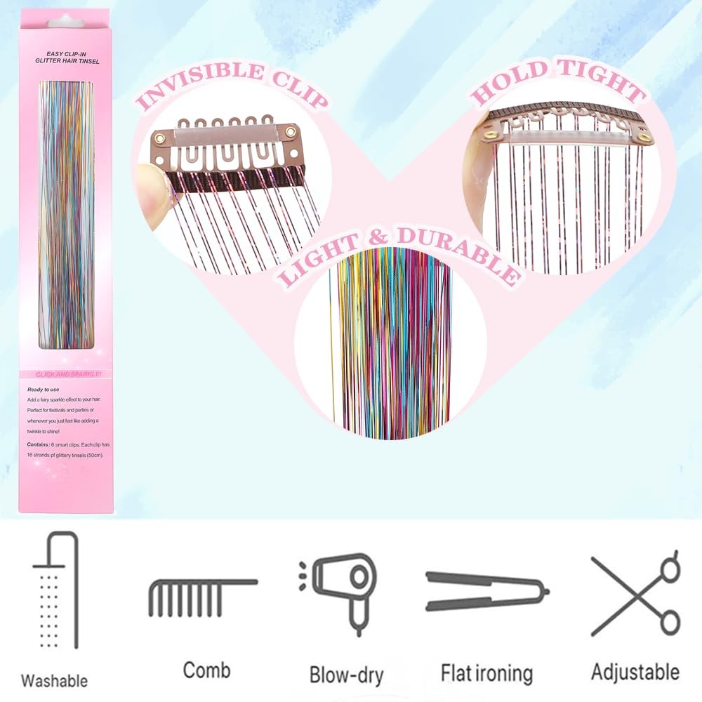 Best Clip in Hair Tinsel 12 Pcs Kit for Girls 22 Inch Glitter Fairy Extensions