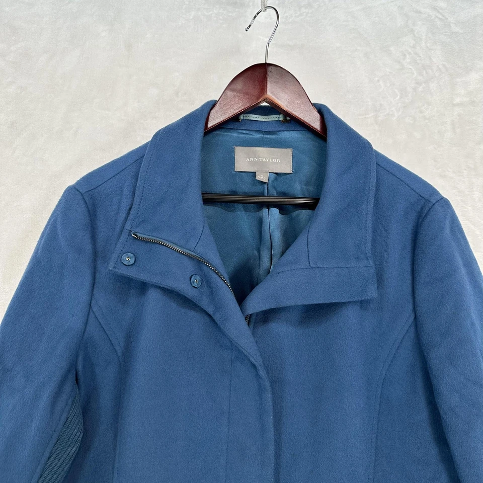 Ann Taylor Coat Womens XL Blue Wool Blend Zip Front Rib Panel Lined Pockets - Image 2 of 4