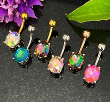 1pc Aurora Borealis Effect Oval Crystal Gem Belly Ring Steel Navel Naval