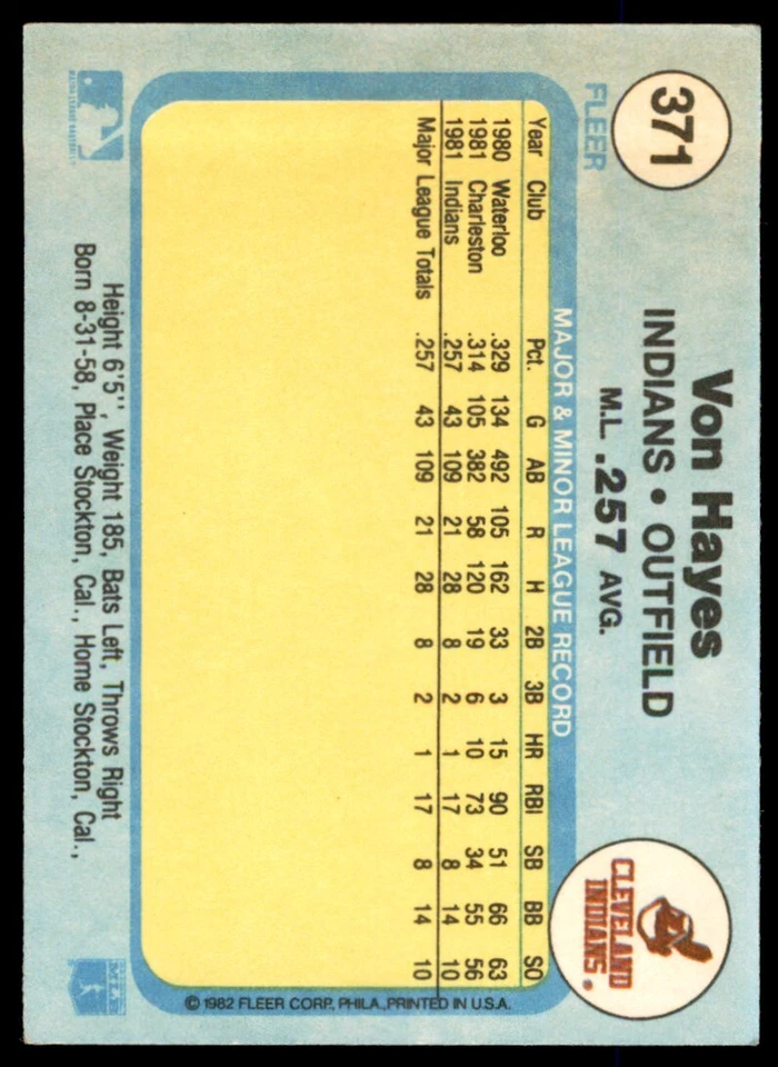 1982 FLEER VON HAYES ROOKIE . CLEVELAND INDIANS #371 - Image 2 of 2