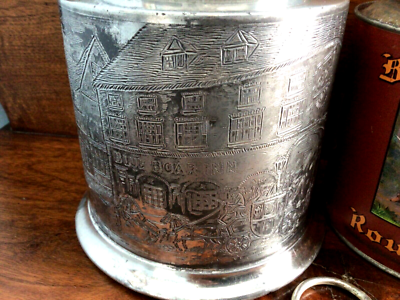 Antique BLUE BOAR Etched Silver Plated Tobacco Case & ROUGH CUT Tin &  Retainer