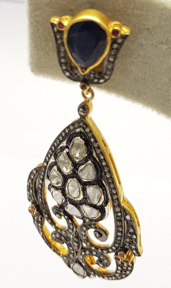 Orecchino In Argento Sterling 925 Con Zaffiro Blu Reale E Diamante Pave Polki - Immagine 4 di 4