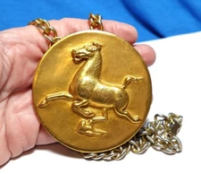ALVA MUSEUM 1974 HORSE MEDALLION ON CHAIN NECKLACE HUGE 20" LONG