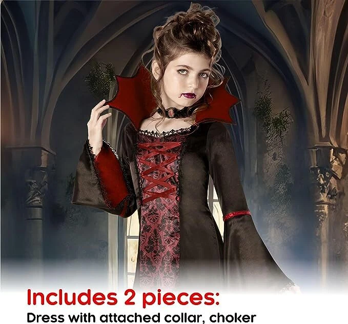 Deluxe Girls Vampire Costume Kids Gothic Royal Vampiress Dracula Dress Halloween - Image 2 of 4