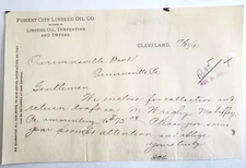 1891 Letter, Forest City Linseed Oil, Co., Turpentine & Dryers, Cleveland, Ohio