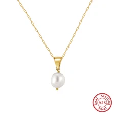 Freshwater Pearl Pendant Paperclip Necklace Solid Sterling Silver 14K Gold N24