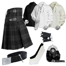 Grey Watch Tartan Kilt Set - 08 Pieces Kilt Accessories for Men, Scottish Outfit