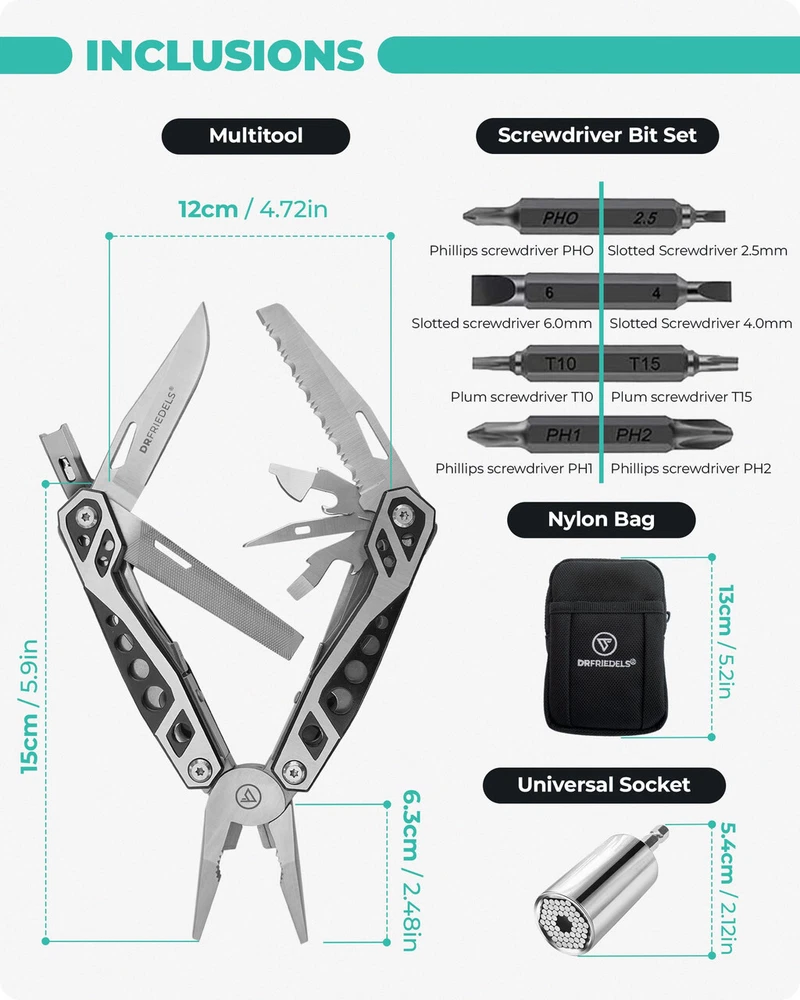 Multi Tool with Universal Socket - 22 in 1 Stainless Steel Multipurpose Tool wit