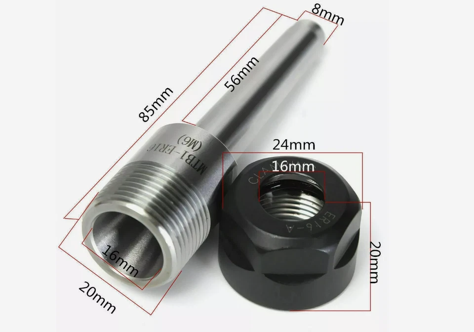MTB1 ER16 Collet Chuck Holder Shank CNC M6 Thread Milling Lathe Rod & MT1 Taper - Image 2 of 4