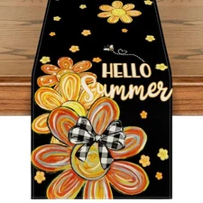  Flowers Bow Bees Hello Summer Table Runner, 13" x 72", Table Runner Black