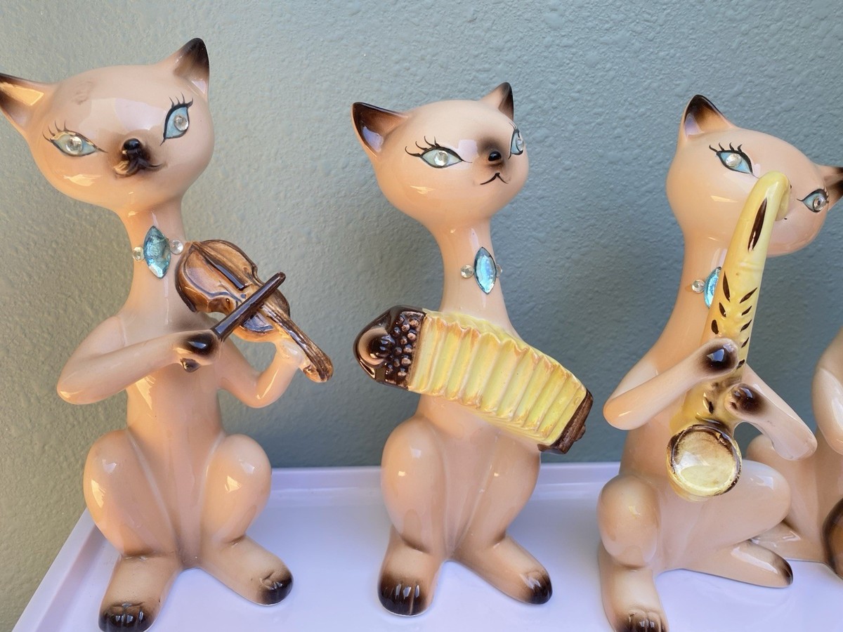 RARE* Vintage MCM Siamese Cat Musician Figurine Band Japan Enesco