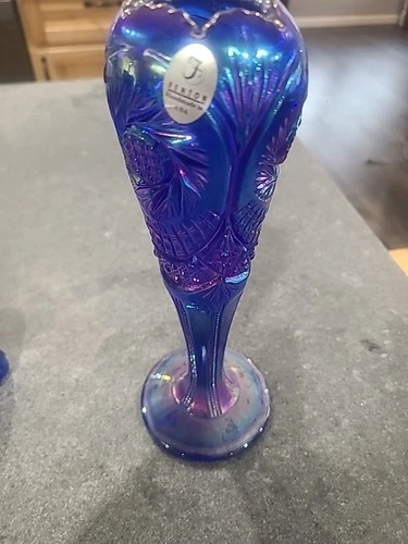 Fenton Iridescent Carnival Glass Cobalt Blue Vase 8 1/2 Inches Tall