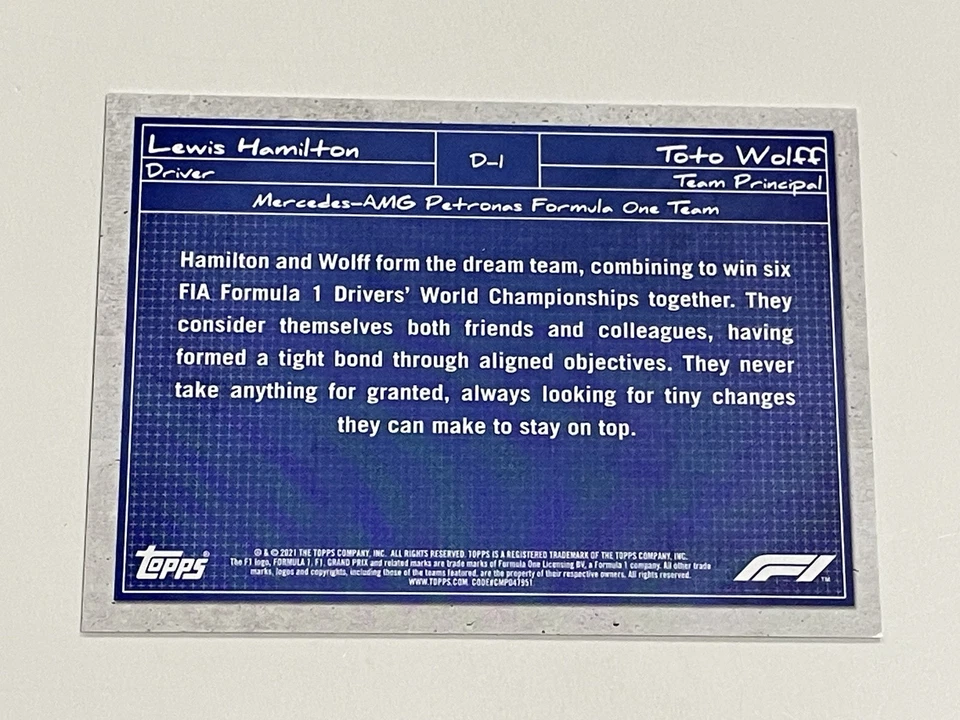 2021 Topps Formula 1 Racing #D-1 - Lewis Hamilton - Mercedes-AMG Petronas Team - Image 2 of 2