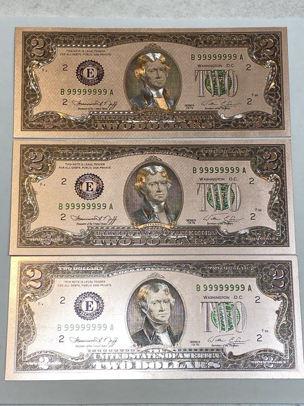 Gold Foil Novelty $2 Two Dollar Bill US 1976 Thomas Jefferson Set 3 Lot Plastic