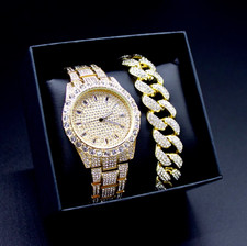 18k Gold/White Gold Luxury Hiphop Iced-Out Watch and Bracelet Set
