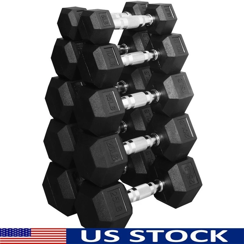150 Lb Rubber Hex Dumbbell Set Pair 5 10 15 20 25 LBS Home Gym Fitness Durable