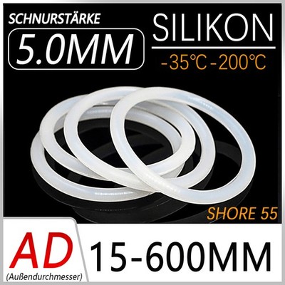 Lebensmittelecht Silikon Dichtung O-Ring 5.0mm Schnurstärke, 5mm - 590mm Innen Ø