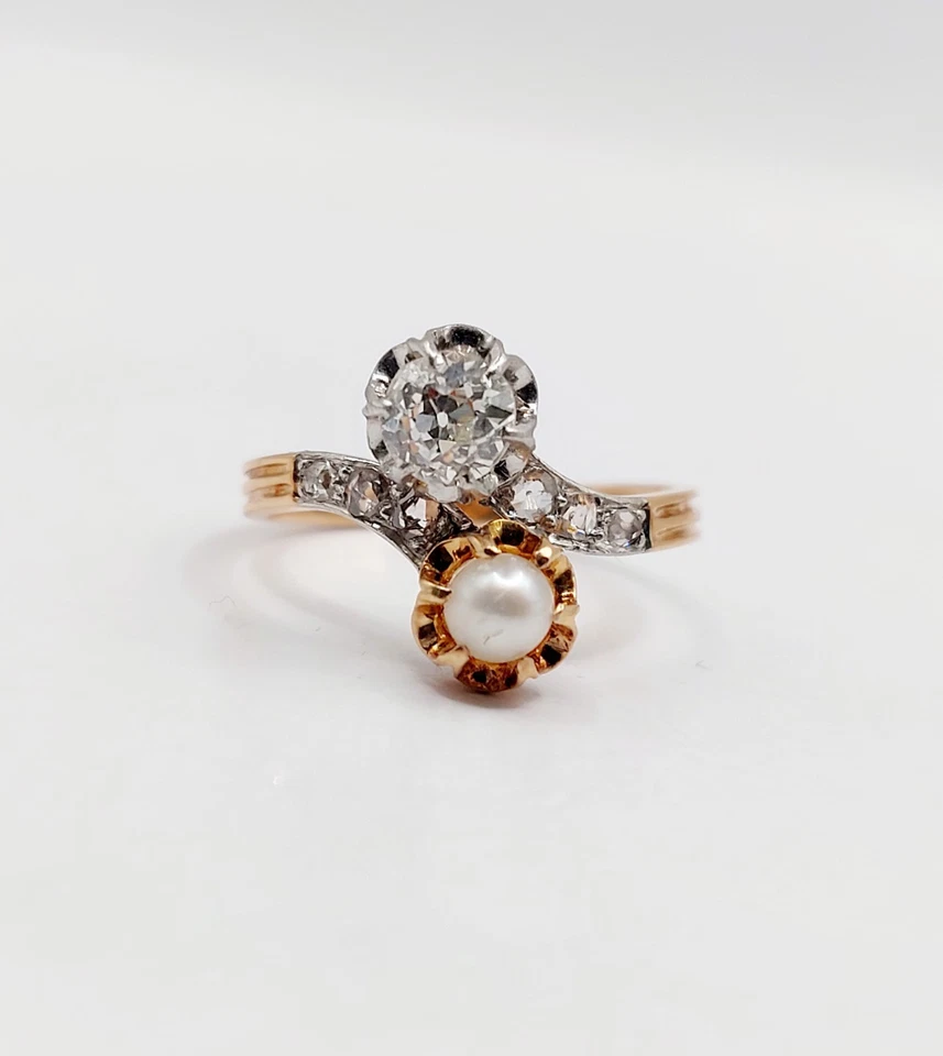 Anillo antiguo de oro rosa 18k diamante talla antigua y perla (alrededor de 1... - Imagen 2 de 4