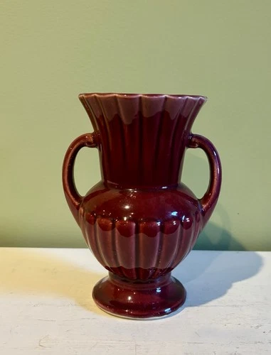 Vintage Shawnee Pottery USA Maroon Urn Vase with Scroll Double Handle 8"