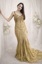Womens Gold Evening Dress Beaded Sequin Gown Formal Prom Size 10 Long
