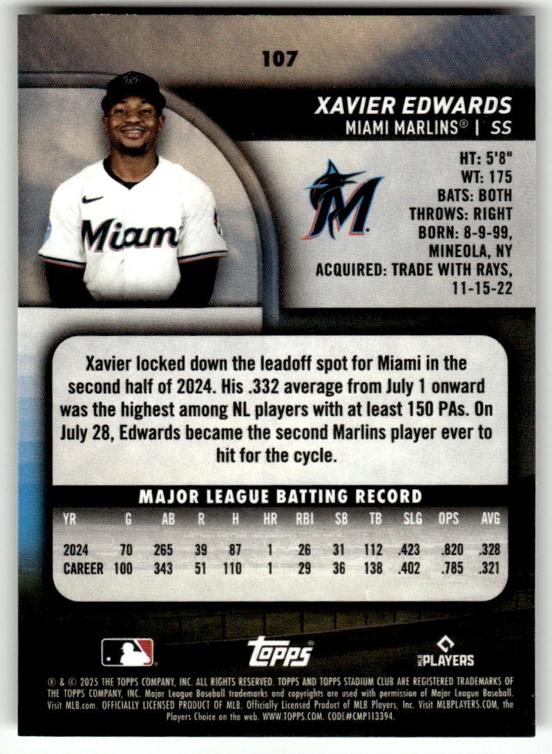2025 Stadium Club #107 Xavier Edwards Lime Green Foil Miami