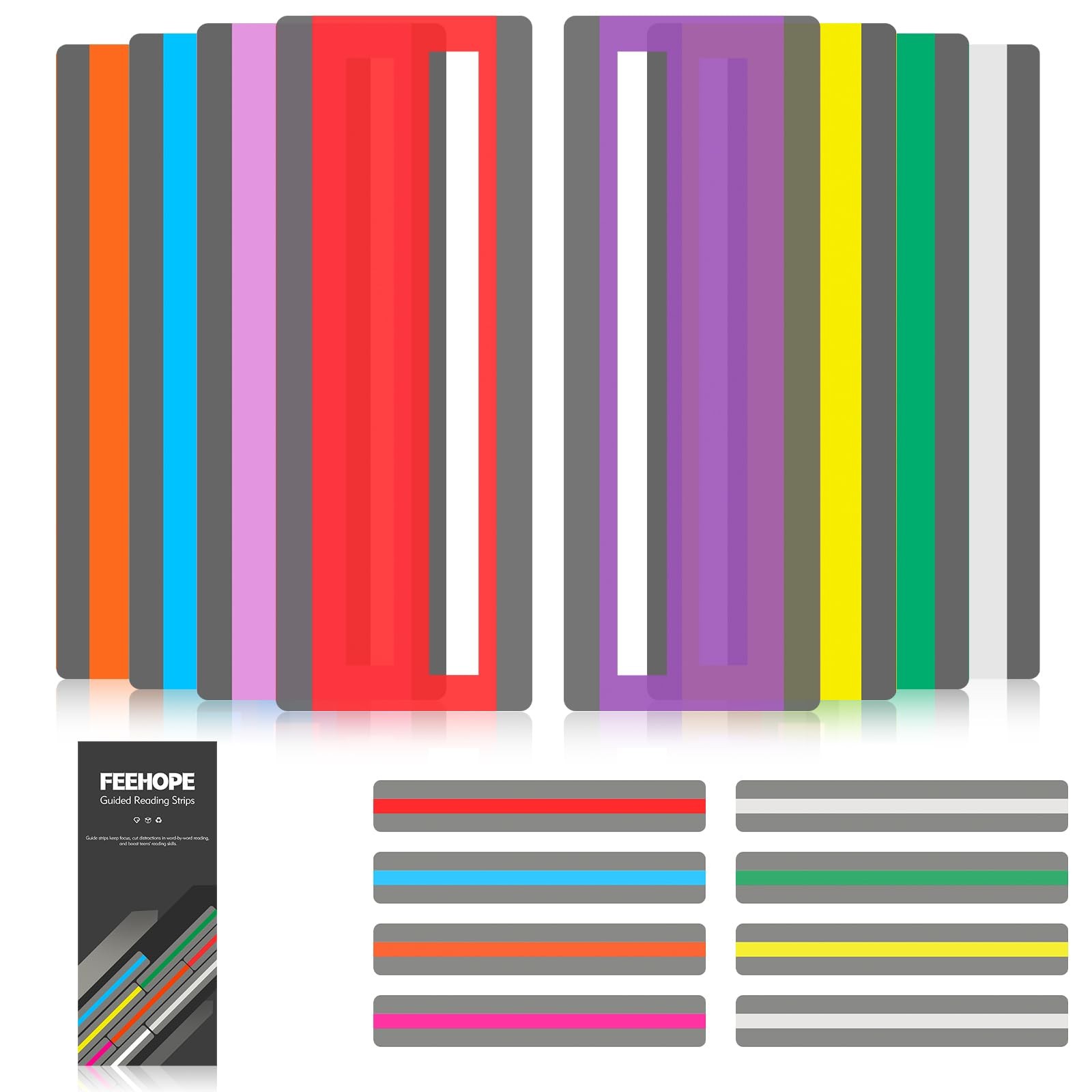16 Pcs Guided Reading Strips with 2 Styles, Highlight/Colore