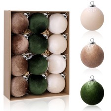 12 Velvet Christmas Ornaments, 3.15-Inch Flocked Brown Tree Decor