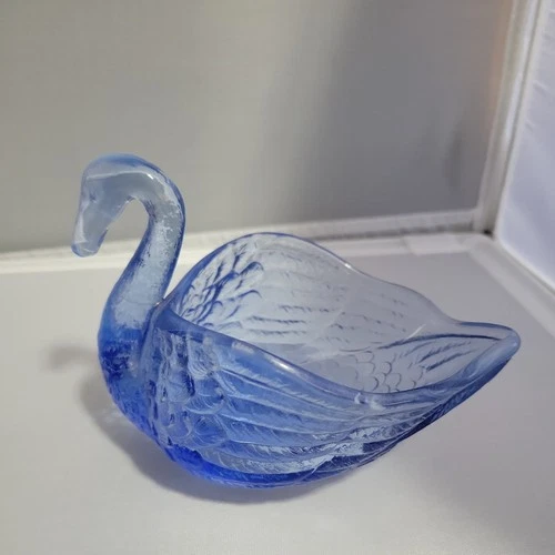 Vintage Fenton Art Glass Clear Blue Open Swan Trinket Dish  Stamped Logo