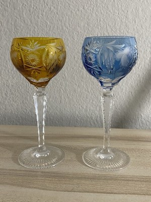Nachtmann Traube Cut Crystal Hock Wine Pair Amber & Blue German Grape 7.75  VTG