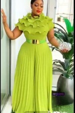 Green Sleeveless Ruffle Pleated Belted Wide-Leg Jumpsuit for Women Size 14 Party