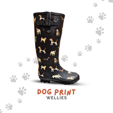 Ladies Wide Calf Wellingtons Dog Paw Print Waterproof Buckle Winter Festival