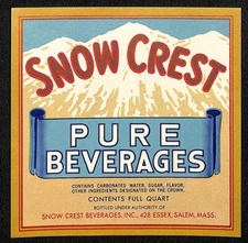 Snow Crest Pure Beverages Paper Soda Label Salem, MASS c1950's
