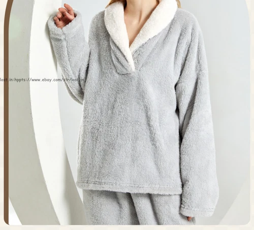 Neu Damen Flauschig Pyjama Set Weich Bequem Fleece Nachtwäsche Winter Flauschig Loungewear - Bild 9 von 28