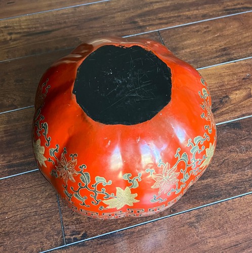 Vintage Large Chinese Red Lacquerware Box Lobed Pumpkin Design Decorative Lidded - Picture 13 of 14
