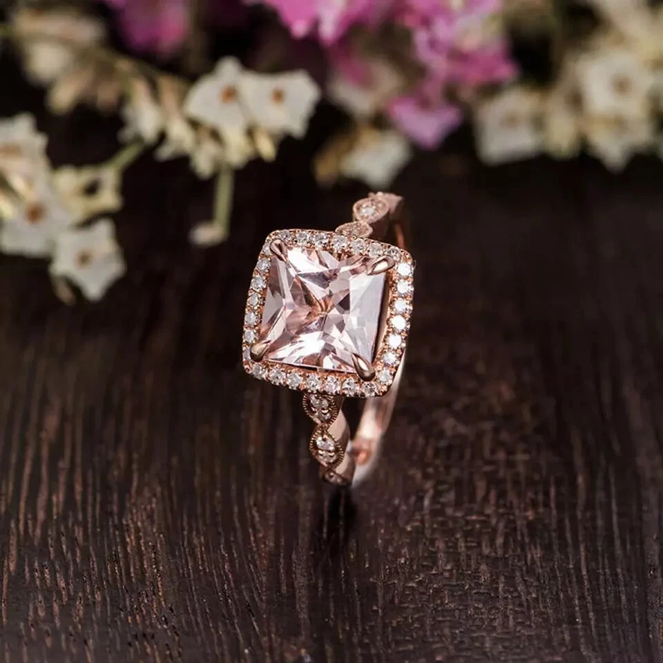 3.5Ct Princess Cut Morganite Diamond Halo Engagement Ring 14K Rose Gold Finish - Image 3 of 4