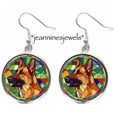 German Shepherd Dog EARRINGS Faux Stained Glass Art DOG MOM GIFT Silver Charm