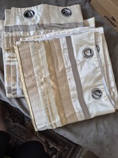 Cream Beige Taupe Striped Eyelet/Grommet Window Curtain Panel Set